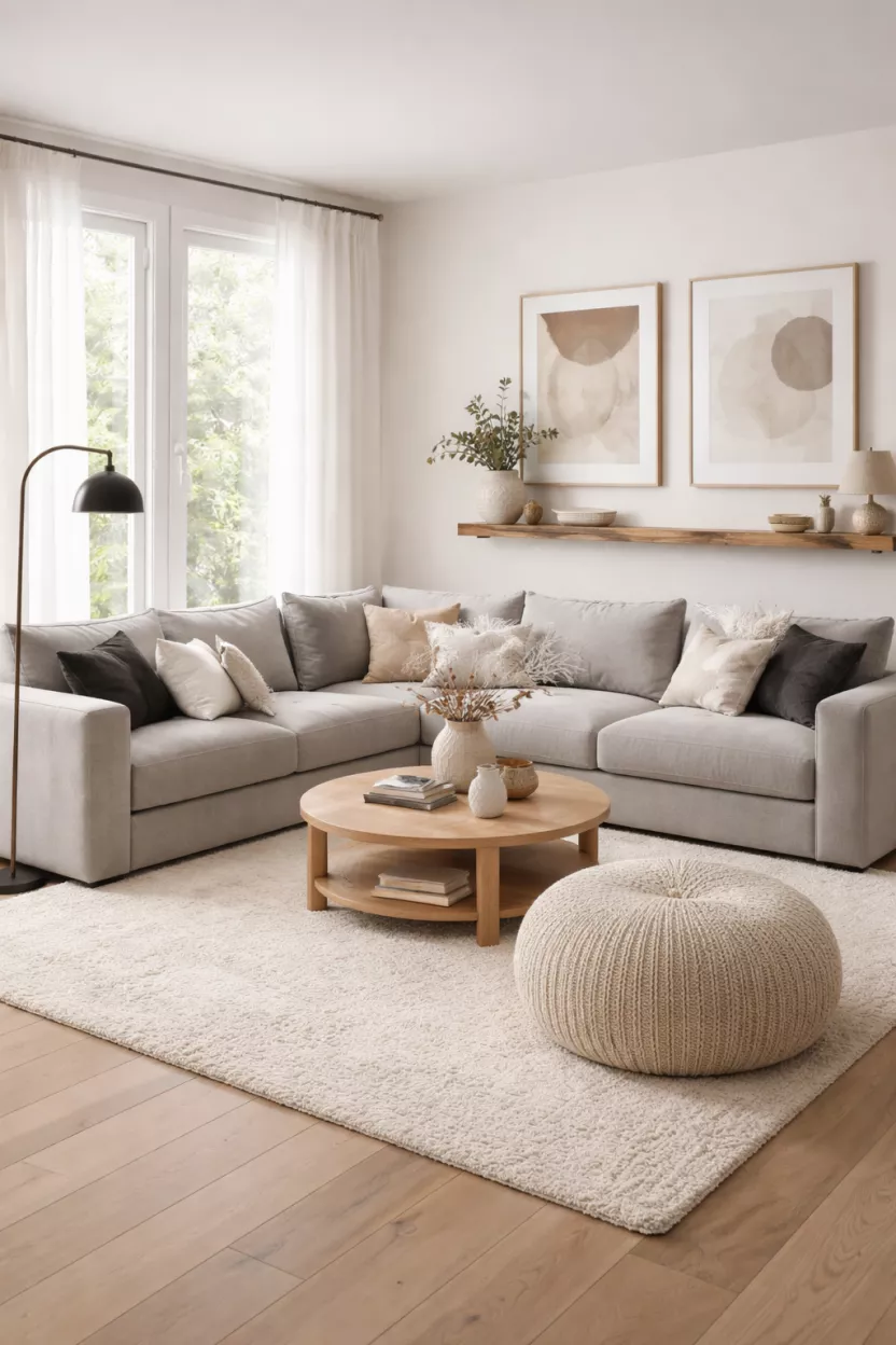 A realistic photo of a living room with a modular gray sectional sofa and a large round pouf.