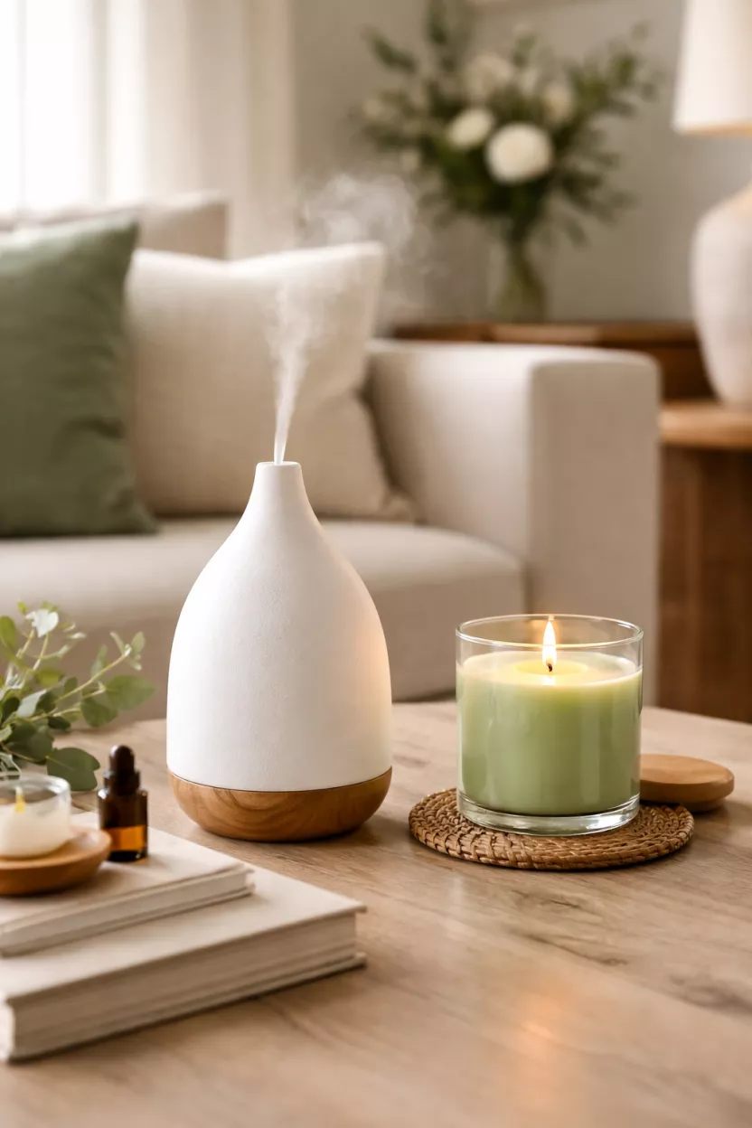 A realistic photo of a living room with a white ceramic essential oil diffuser and a green scented candle.