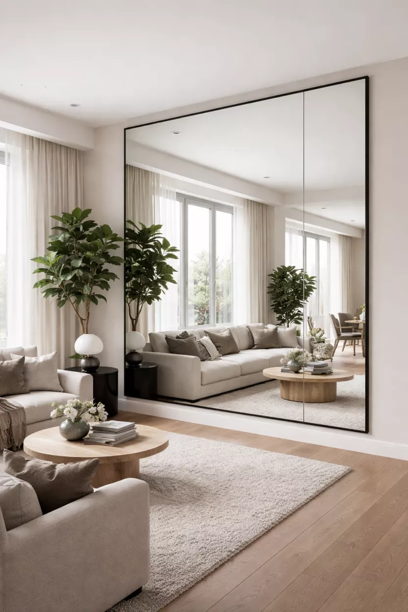 A realistic photo of a living room with a huge floor to ceiling mirror with a thin black frame.