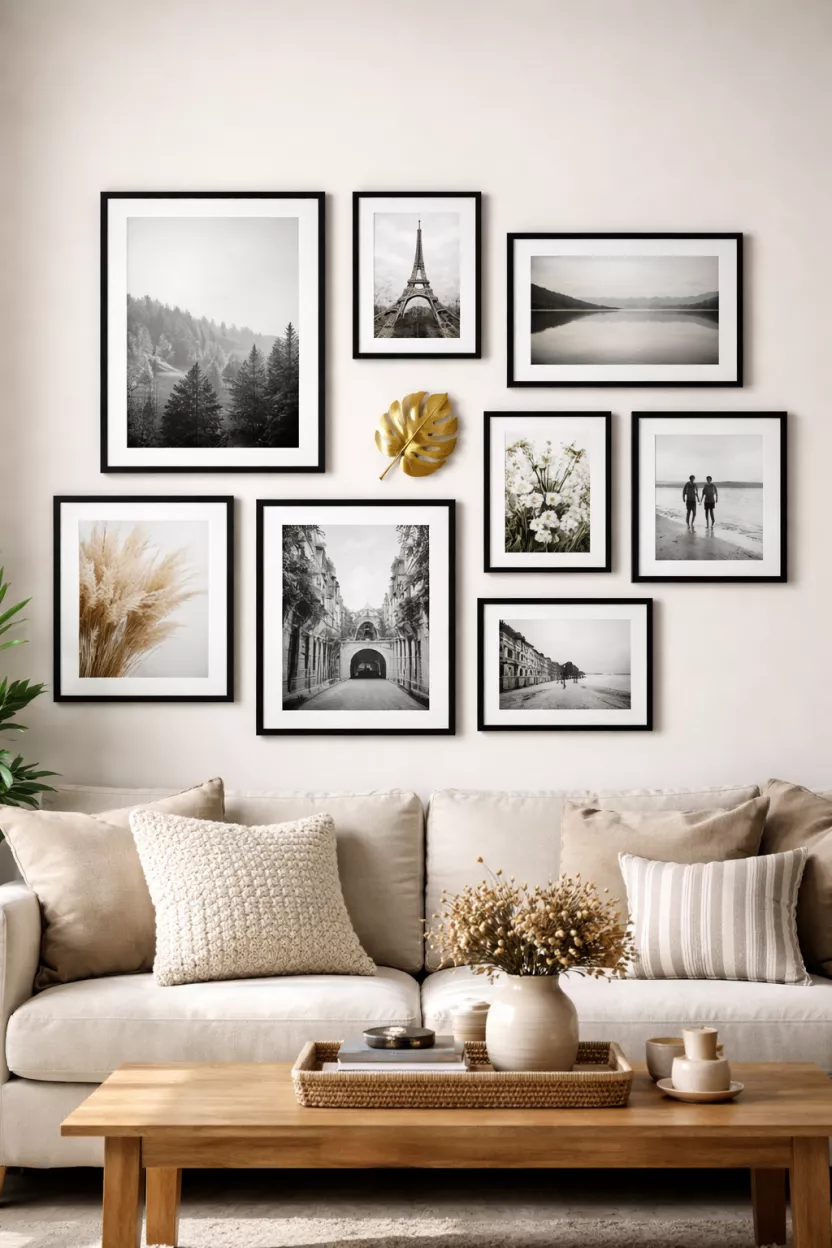 A realistic photo of a living room gallery wall with various black framed photos and a small 3d gold leaf sculpture.
