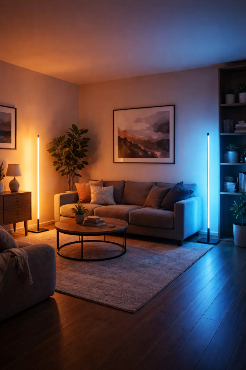 A realistic photo of a living room with smart led floor lamps that glow in soft amber and blue light.