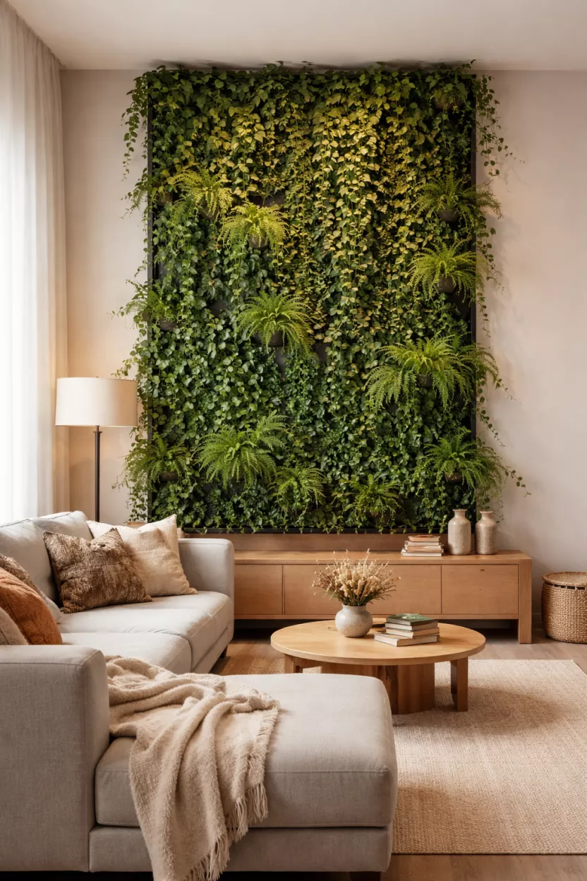 A realistic photo of a living room with a vertical wall planter filled with ivy and small ferns.