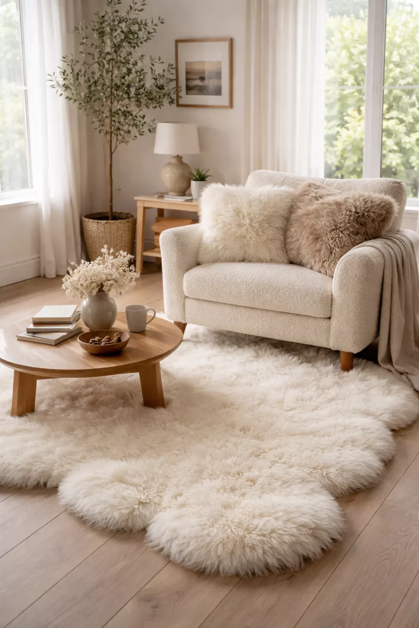 A realistic photo of a living room with a white shearling throw rug and two fluffy shearling pillows on a chair.