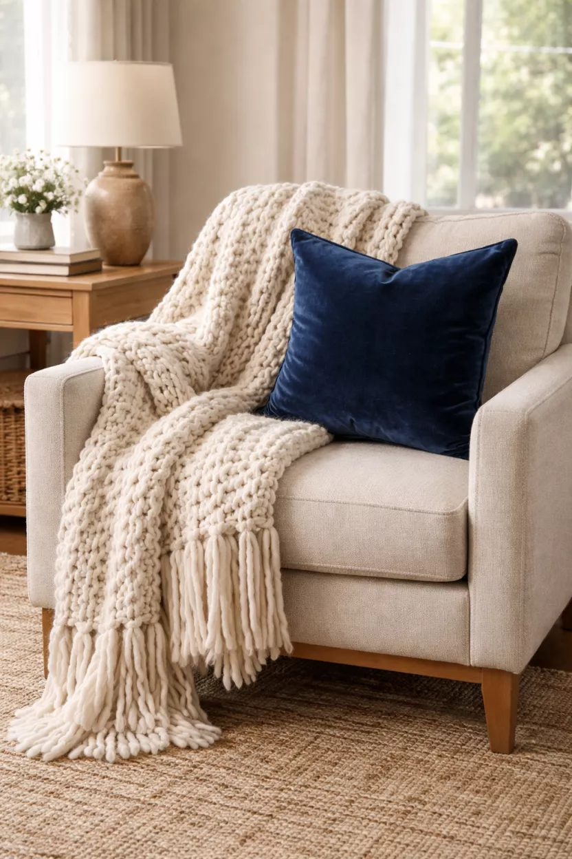 A realistic photo of a living room chair with a chunky knit throw blanket and a velvet navy blue pillow.