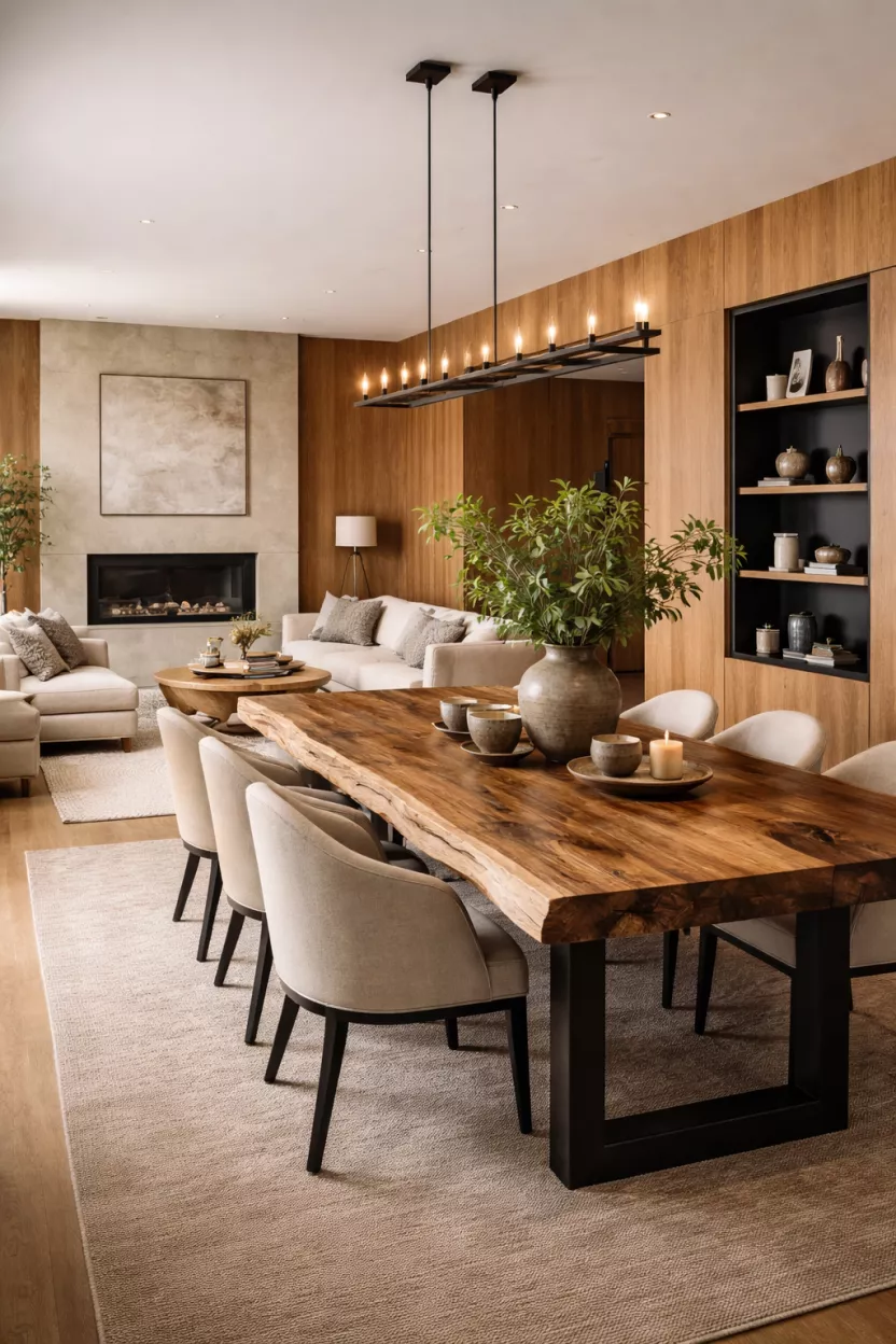 A realistic photo of a living room with a raw edge wooden dining table and oak wall panels.
