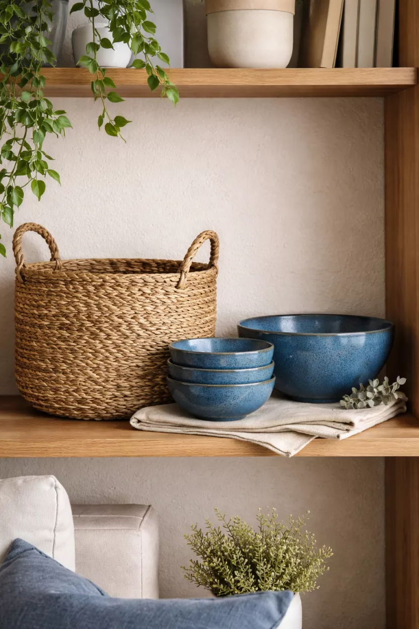 A realistic photo of a living room shelf with blue ceramic bowls and a hand woven basket.