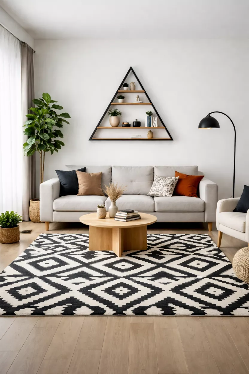 A realistic photo of a modern living room featuring a geometric pattern rug in black and white and a triangular wall shelf.