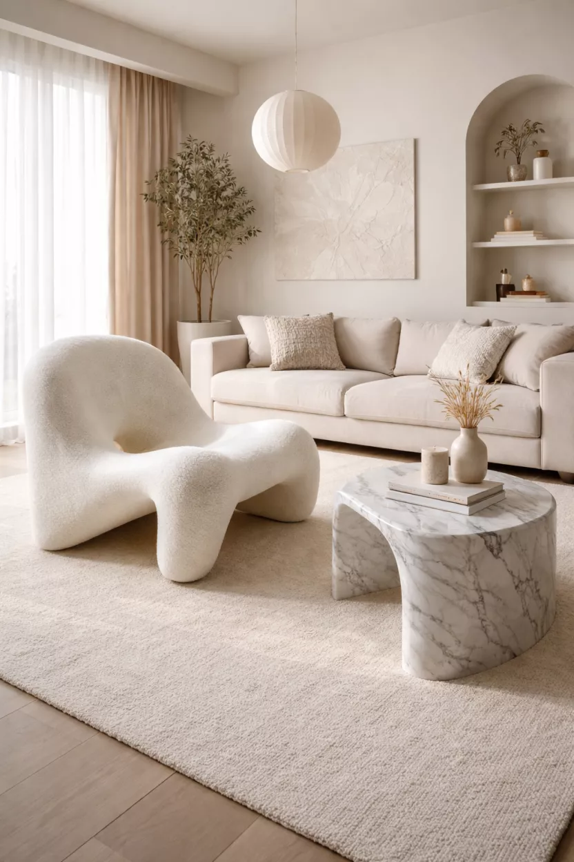 A realistic photo of a living room with a white sculptural lounge chair and a curved marble side table.