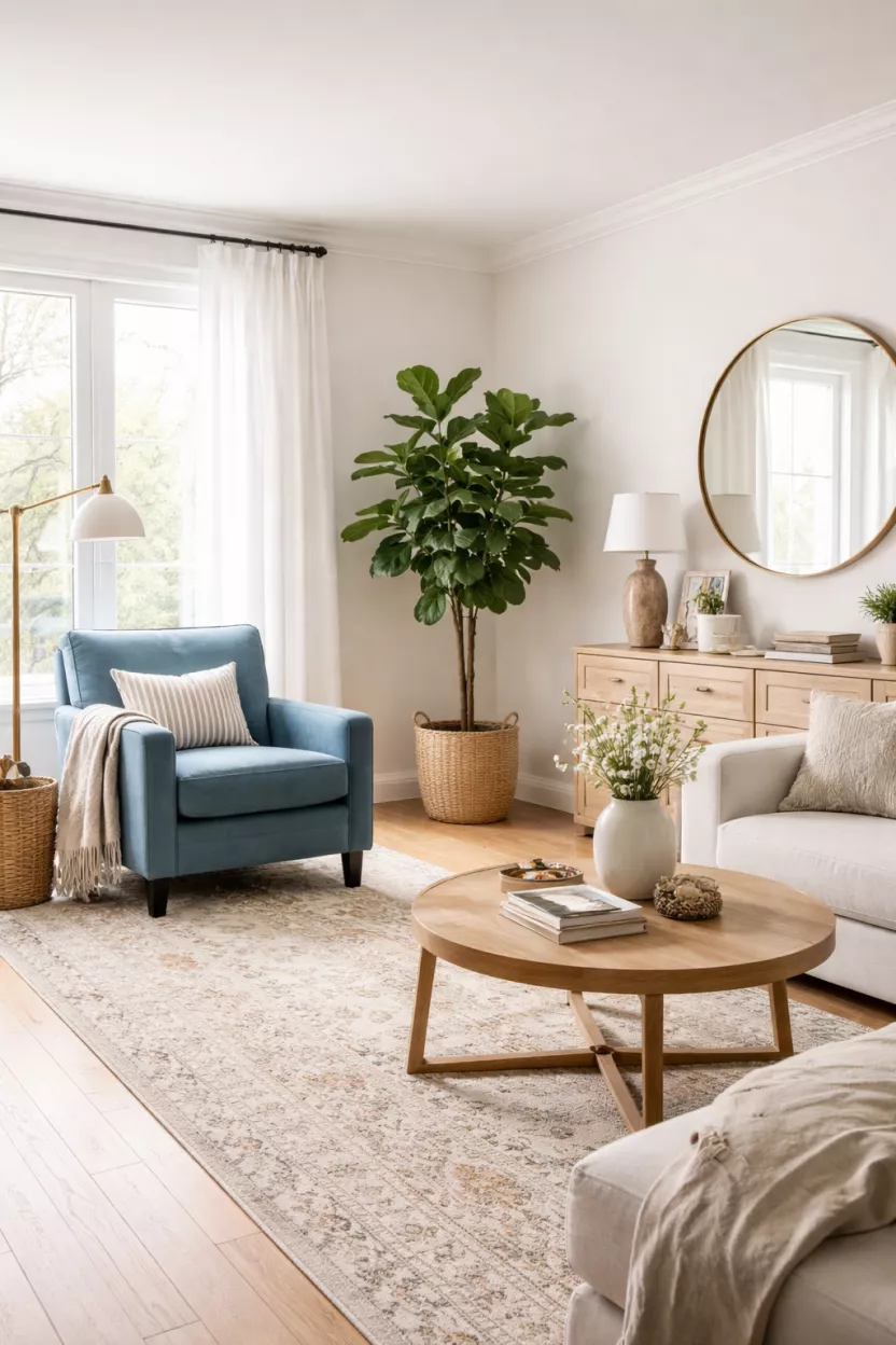 A realistic photo of a living room with an off center blue armchair and a tall plant in the opposite corner.