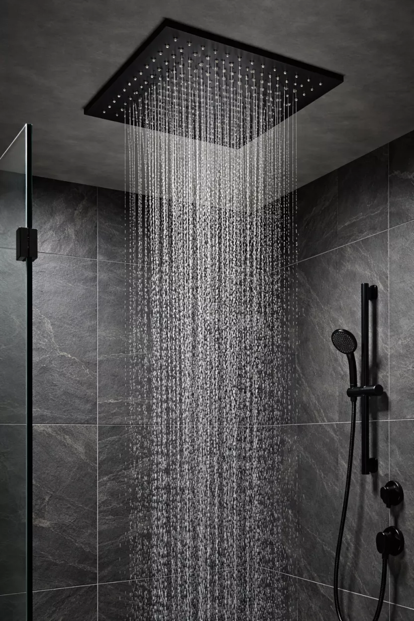 A realistic photo of a large square ceiling mounted rainfall showerhead in a matte black finish with water cascading down inside a glass walk in shower with dark grey slate tiles.