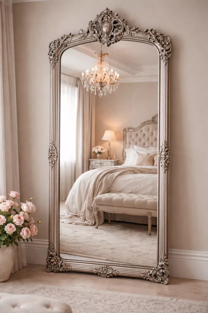 A realistic photo of a tall silver baroque style mirror leaning against a wall, reflecting a beautifully decorated bedroom with soft lighting and elegant furniture.