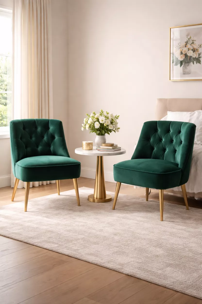 A realistic photo of a pair of emerald green tufted velvet accent chairs with gold legs, placed next to a small marble side table in a cozy bedroom corner.