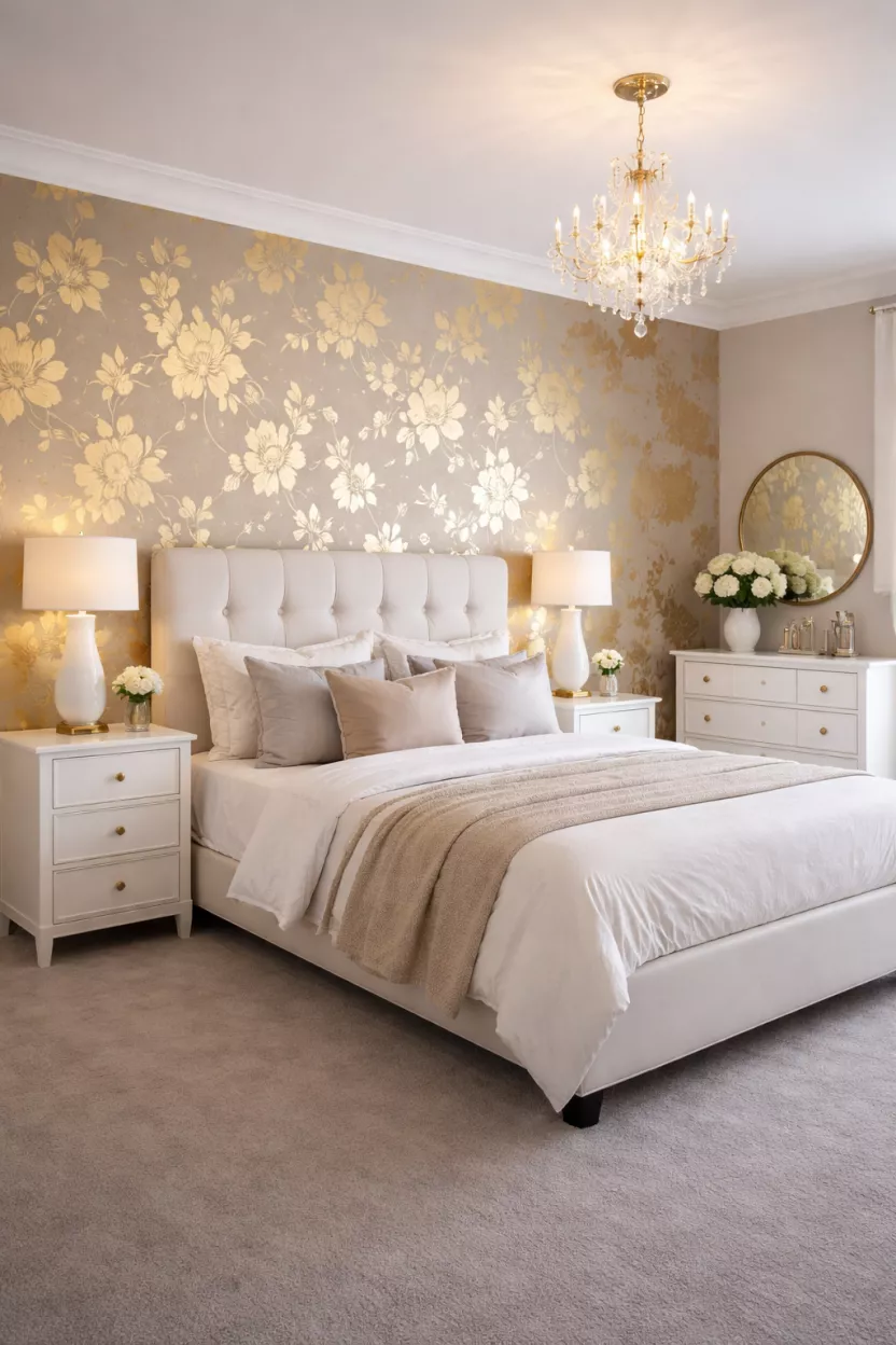 A realistic photo of a bedroom feature wall with gold metallic floral wallpaper, paired with simple white furniture and soft gray carpeting.