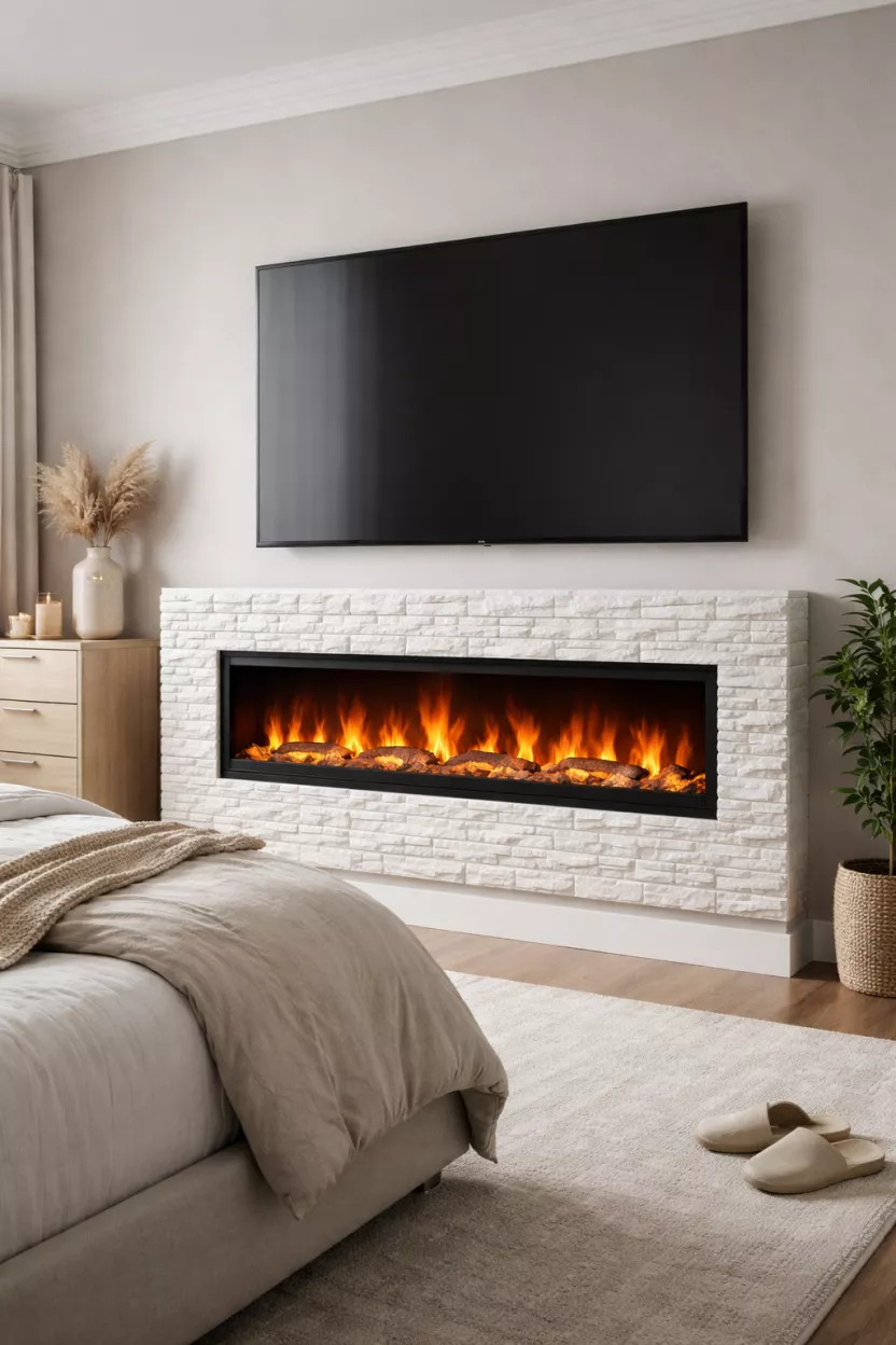 A realistic photo of a wall mounted electric fireplace with realistic orange flames and a white stone surround, positioned beneath a television in a modern bedroom.