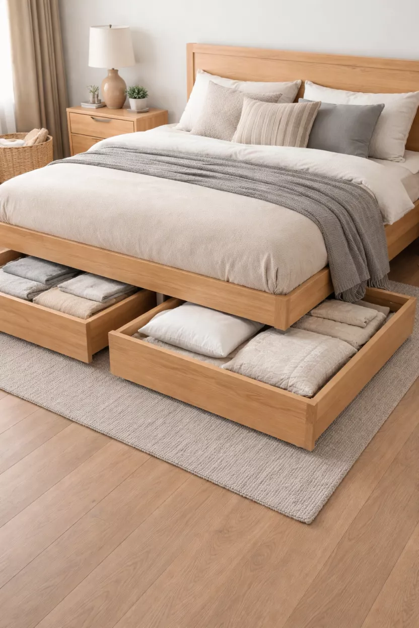 A realistic photo of a bed frame with hidden under bed drawers that slide out smoothly, containing neatly folded blankets and pillows in a tidy room.