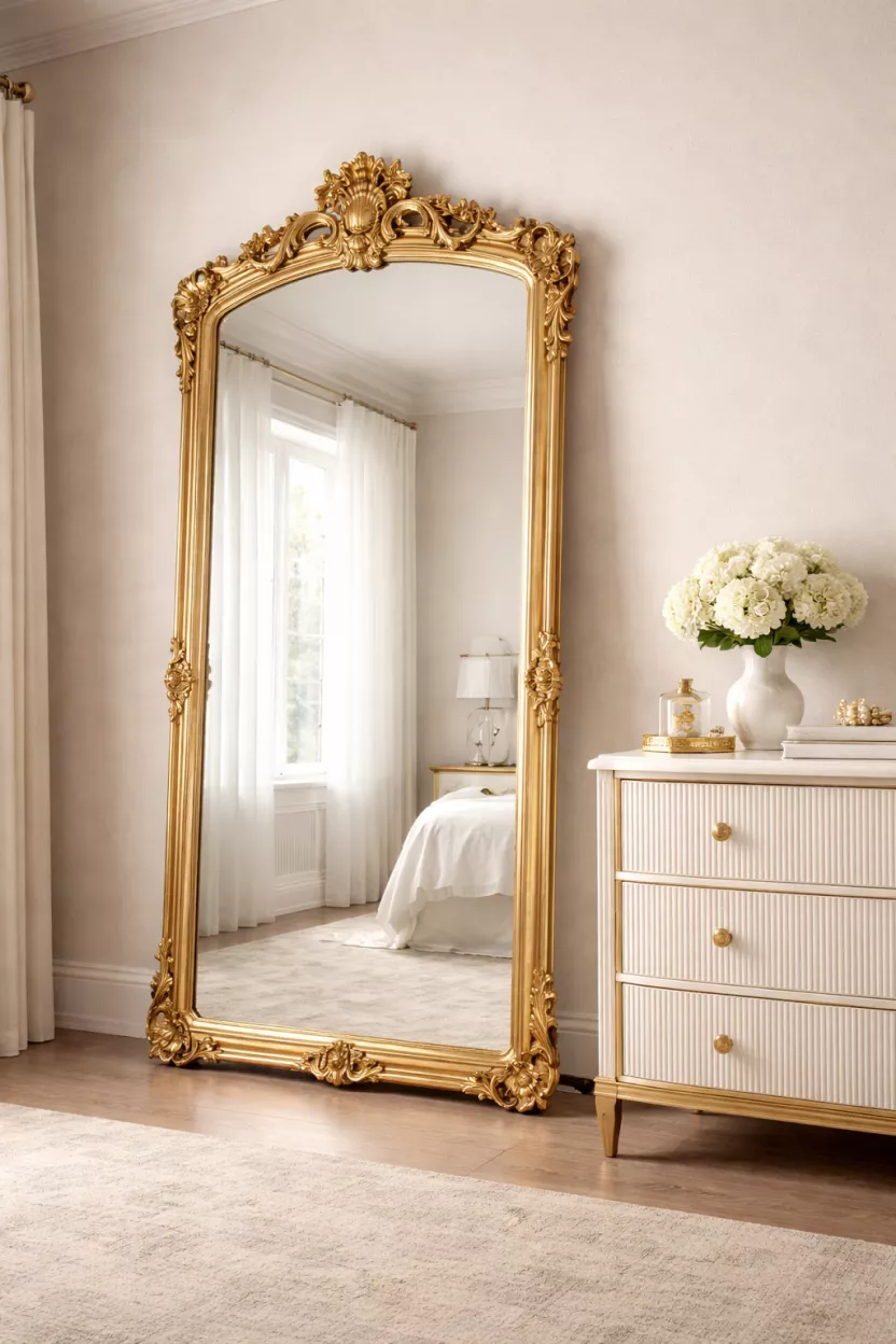A realistic photo of a large wall mirror with an ornate gold leaf frame, leaning against a neutral colored wall next to a gold accented dresser with small decorative items.