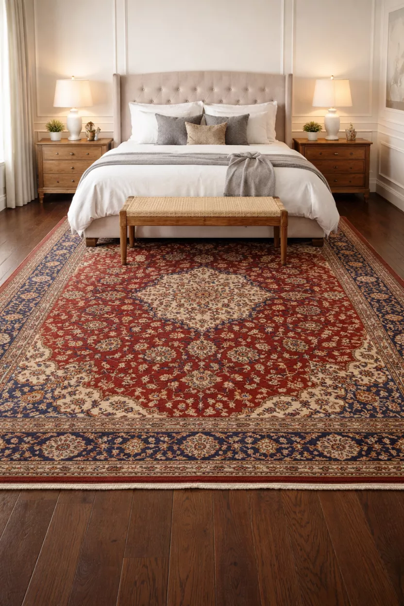A realistic photo of a large red and blue hand-knotted Persian rug placed under a king size bed on a dark hardwood floor, with intricate floral patterns.