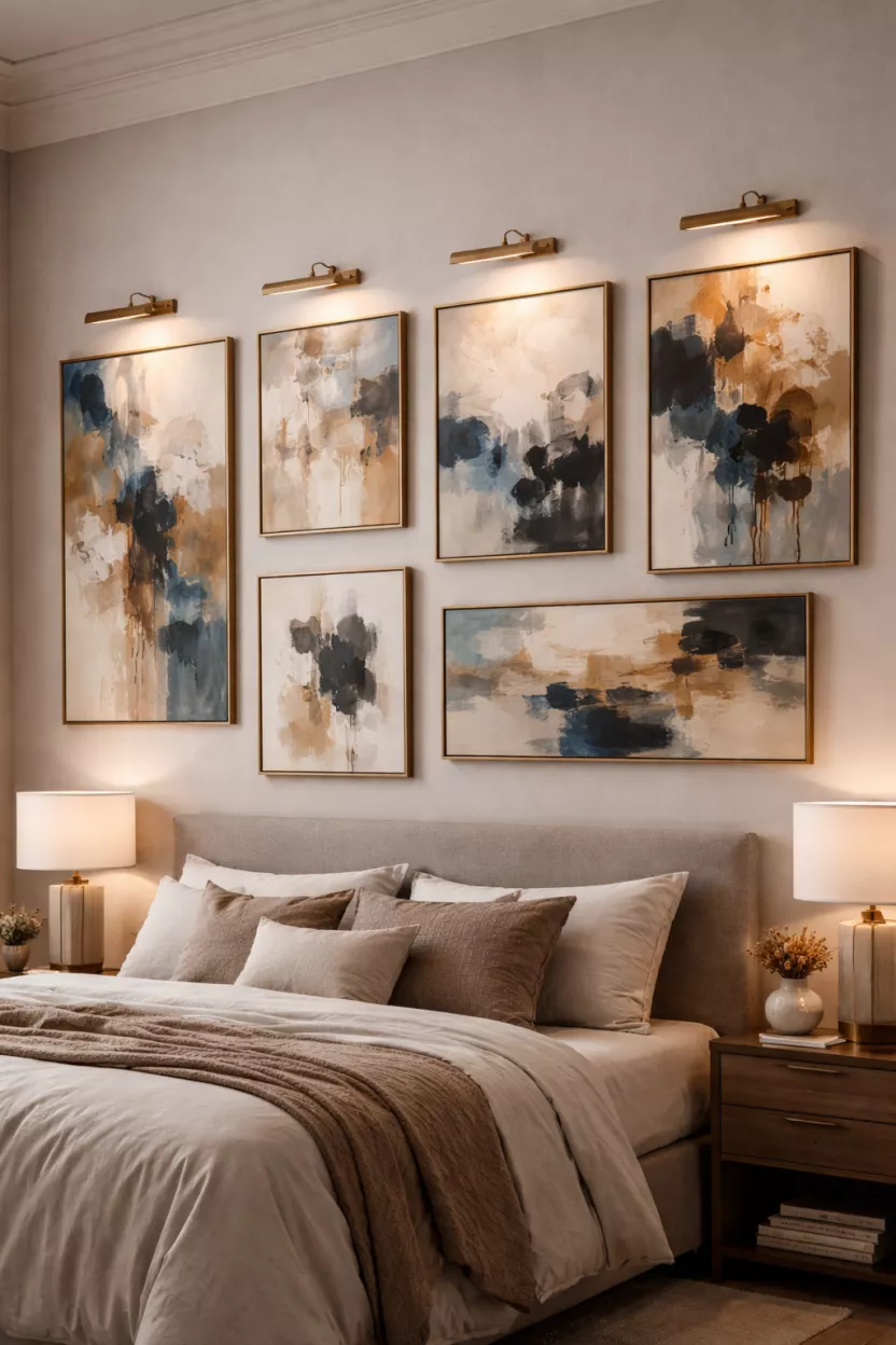 A realistic photo of a gallery wall above a bed featuring several abstract paintings in thin gold frames, with dedicated spot lighting highlighting the artwork.