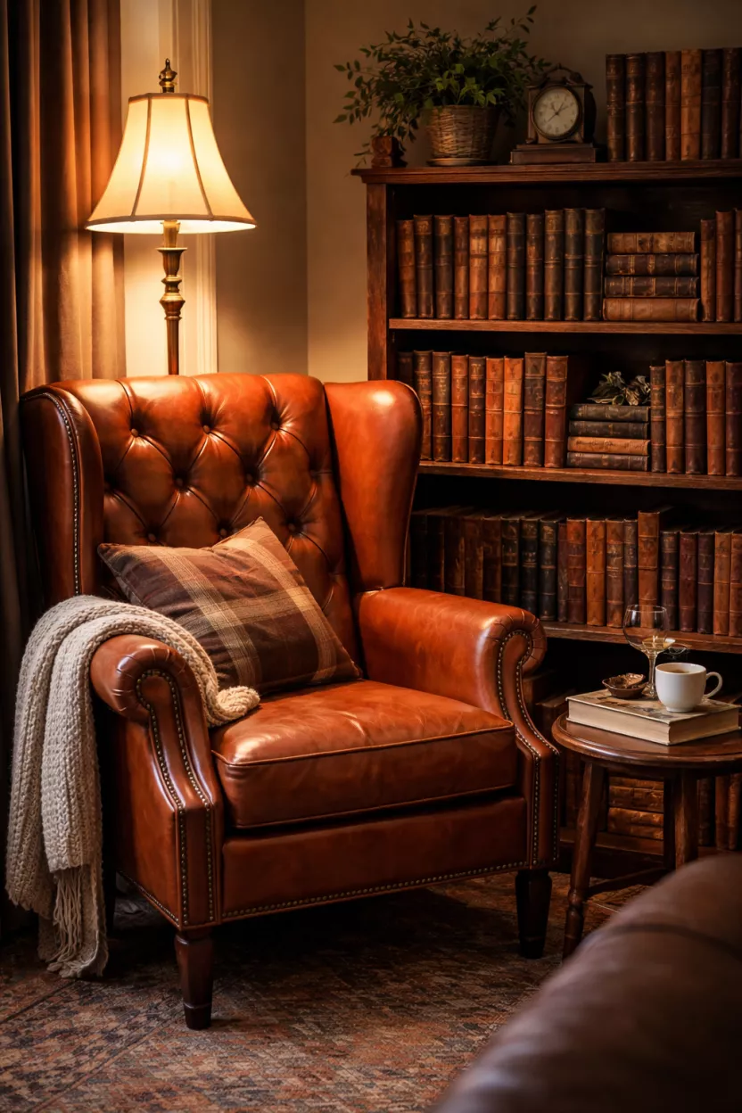 A realistic photo of a cozy corner with a cognac leather wingback chair, a tall brass floor lamp, and a small bookshelf full of old books.