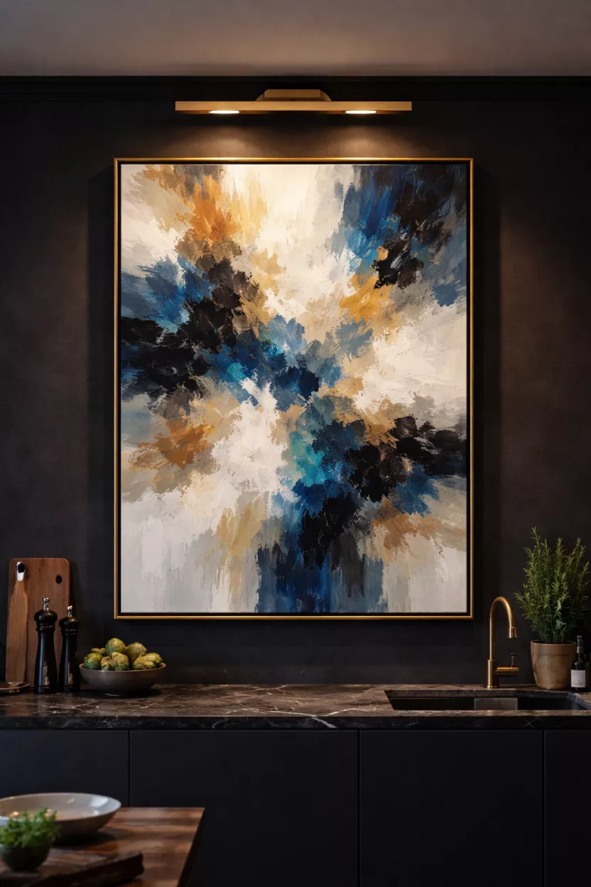 A realistic photo of a large abstract painting with a gold frame hanging on a dark kitchen wall with specialized picture spot lighting above it.