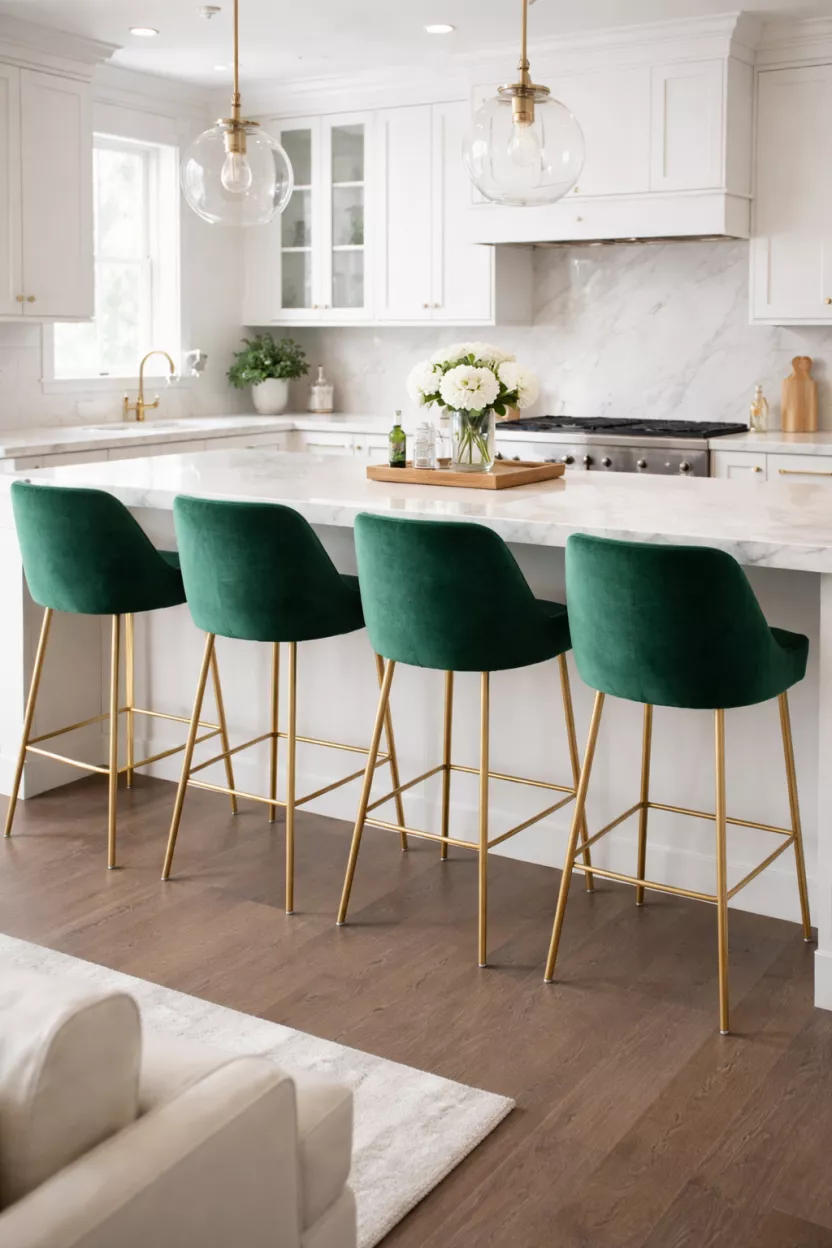A realistic photo of four emerald green velvet bar stools with slim brass legs sitting at a white marble kitchen island.