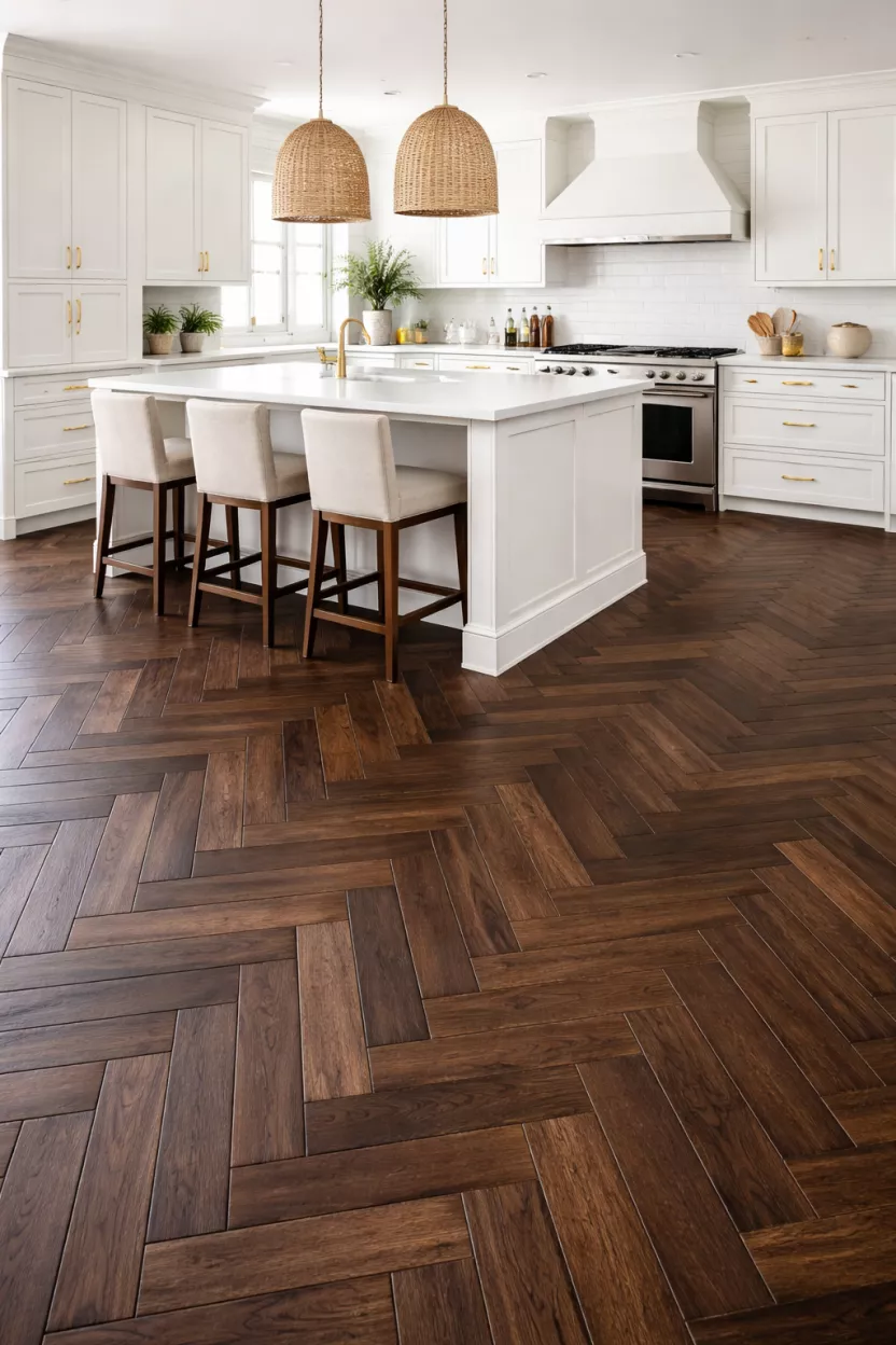 A realistic photo of a dark wood herringbone floor pattern in an open kitchen area with white cabinets.