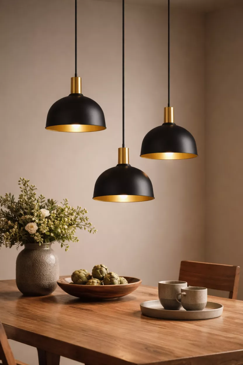 A realistic photo of a cluster of three black and gold pendant lights hanging at different heights over a wooden table.