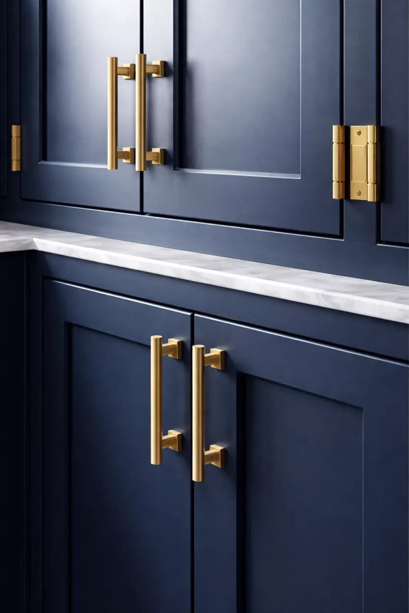 A realistic photo of brushed gold brass cabinet pulls and matching gold hinges on navy blue kitchen cabinets.