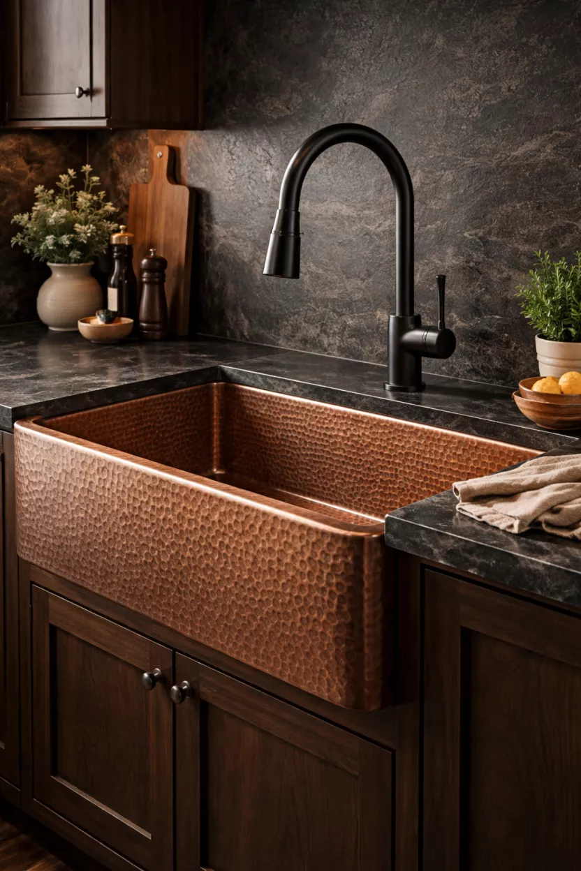 A realistic photo of a hammered copper farmhouse sink with a tall black arch faucet in a dark stone countertop.