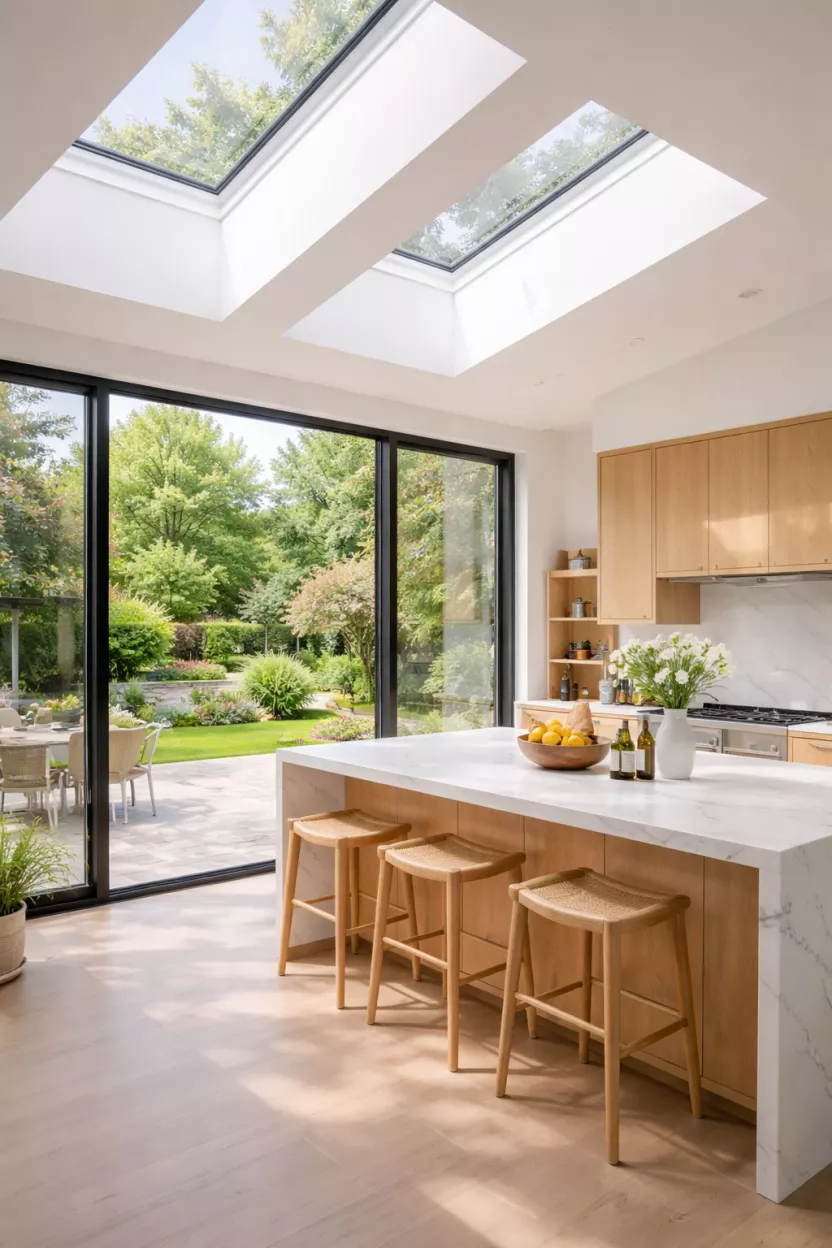 A realistic photo of large ceiling skylights and floor to ceiling windows showing a garden view in a bright modern kitchen.