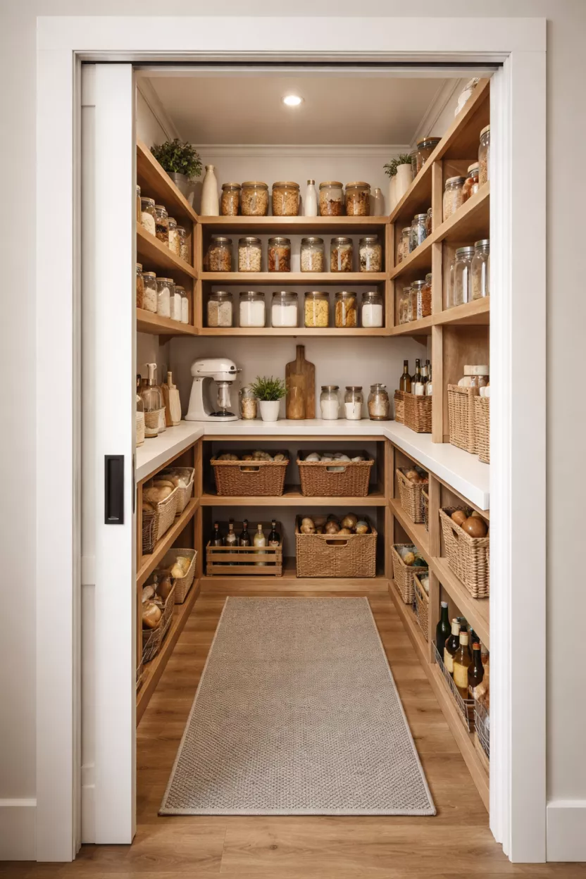 A realistic photo of a walk in pantry with wood shelves, organized glass jars, and a sliding pocket door.