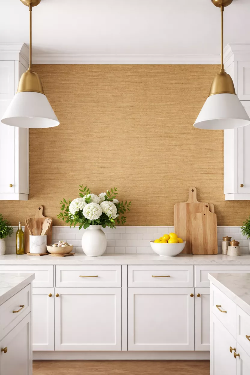 A realistic photo of tan grasscloth wallpaper on an accent wall in a kitchen with white cabinets.