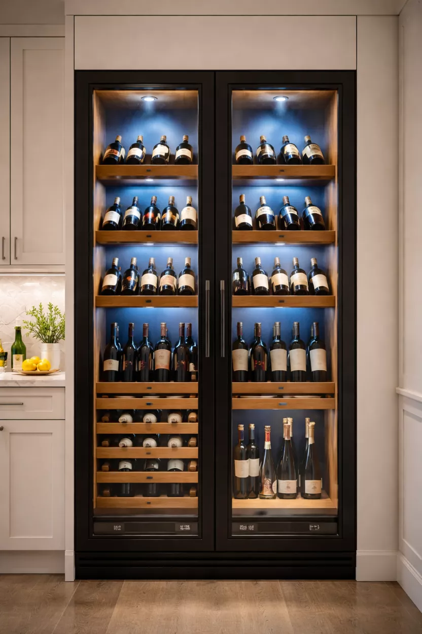 A realistic photo of a glass front wine cabinet with wooden racks and soft blue ambient lighting inside a kitchen wall.