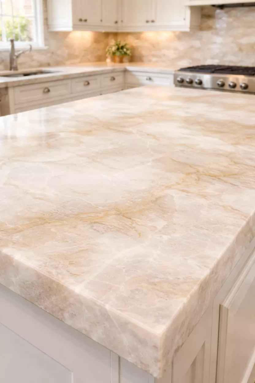 A realistic photo of a Taj Mahal quartzite countertop with soft creamy colors and natural stone texture.