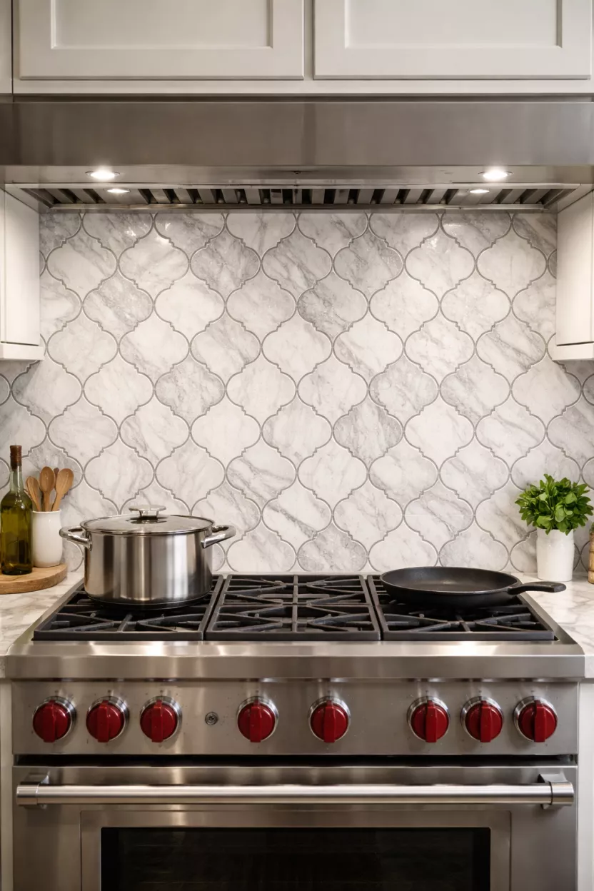 A realistic photo of a white and grey marble arabesque tile backsplash with shimmering grout lines behind a professional stove.