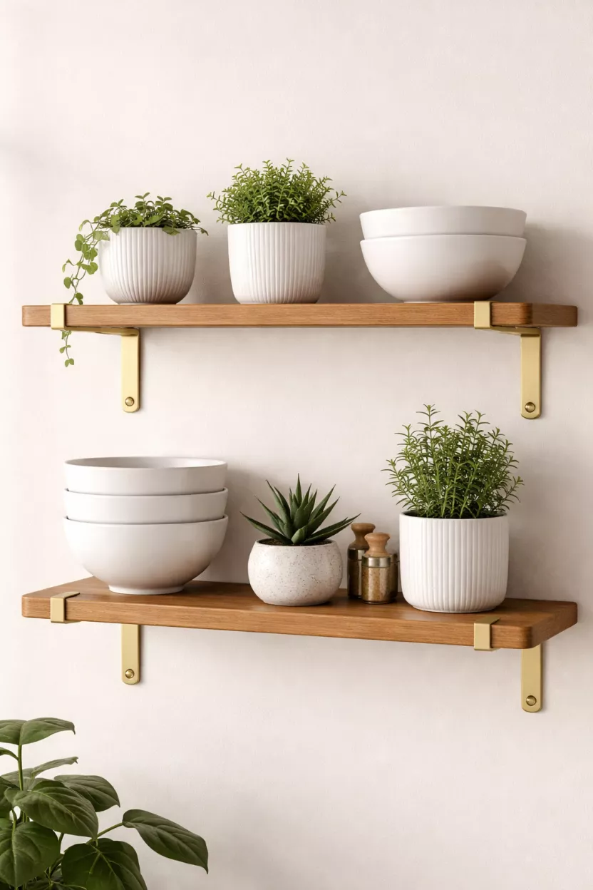 A realistic photo of floating wood shelves with brass brackets holding white ceramic bowls and small green plants.