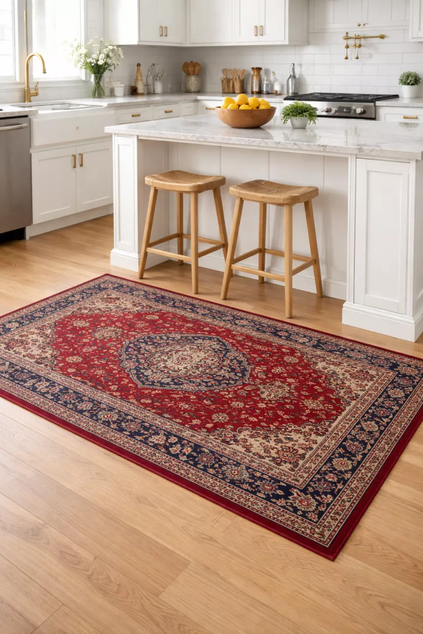 A realistic photo of a red and blue Persian rug on a light wood kitchen floor next to a white island.