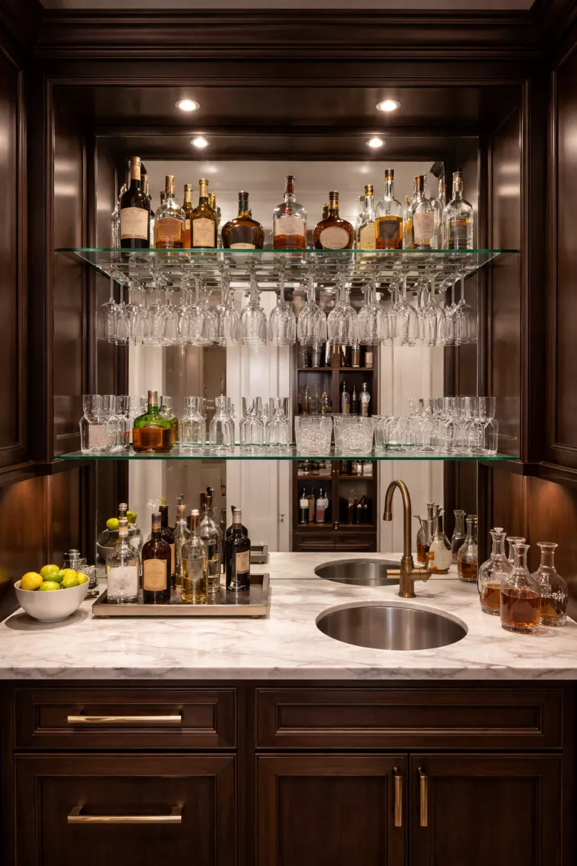 A realistic photo of a small wet bar with mirrored back shelves, a small round sink, and clear glass stemware racks.