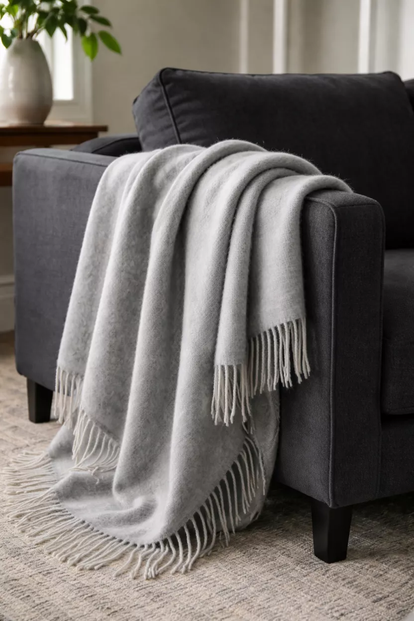 A realistic photo of a soft gray cashmere throw blanket with fringe edges, draped elegantly over the arm of a dark charcoal sofa.