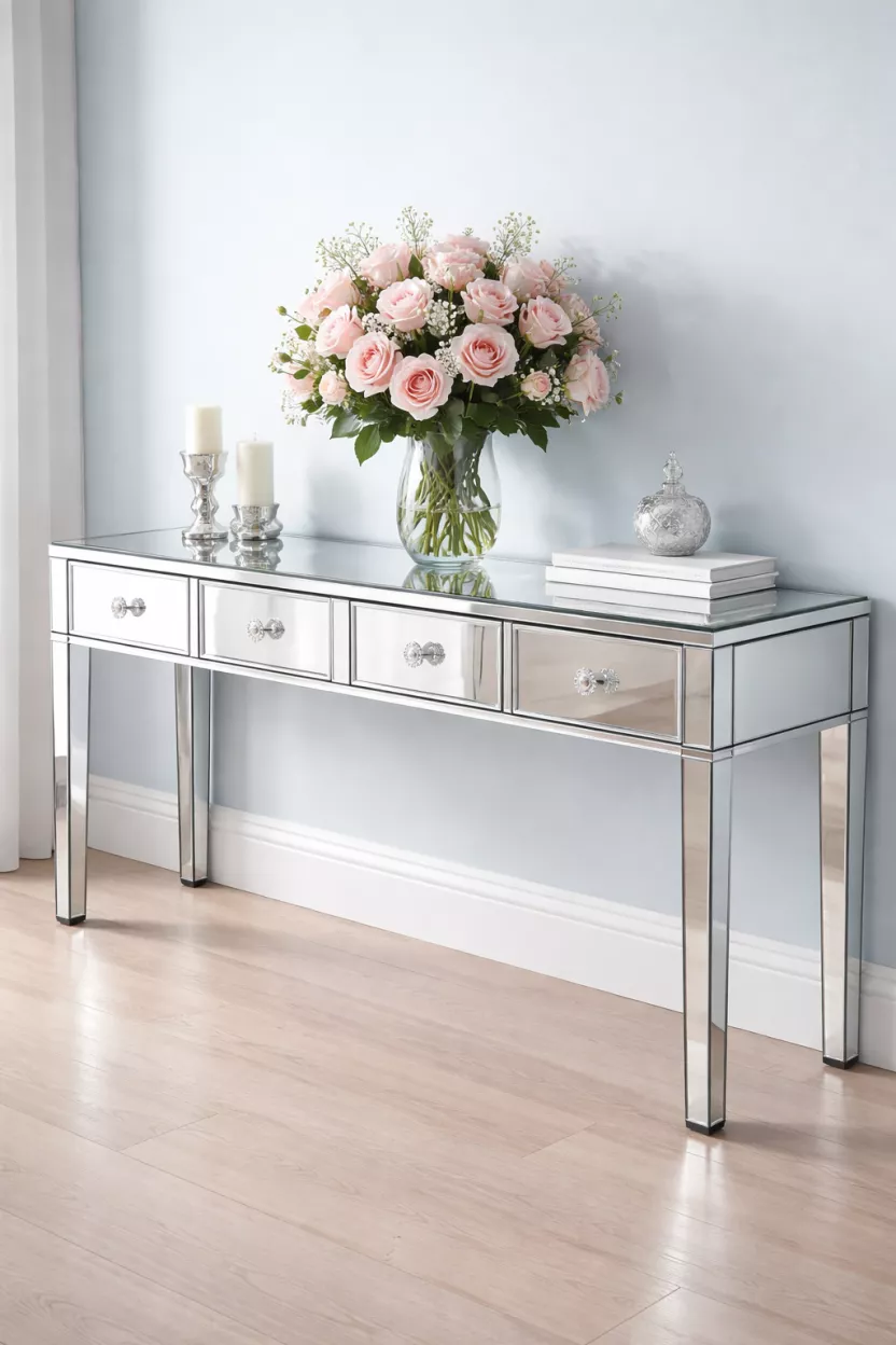 A realistic photo of a long mirrored console table with beveled edges and crystal knobs, reflecting a bouquet of pink roses in a glass vase, standing against a light blue wall.