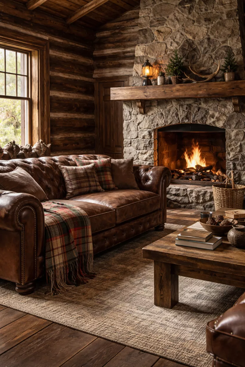 A realistic photo of an oversized distressed brown leather Chesterfield sofa, barnwood accents, a rustic cabin living room with a large stone fireplace and a wool plaid throw.