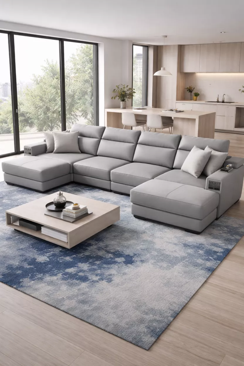A realistic photo of a grey modular sofa system with interchangeable pieces, sleek eco-leather upholstery, integrated USB ports, a minimalist open plan apartment, a low profile coffee table, and a large abstract blue rug.