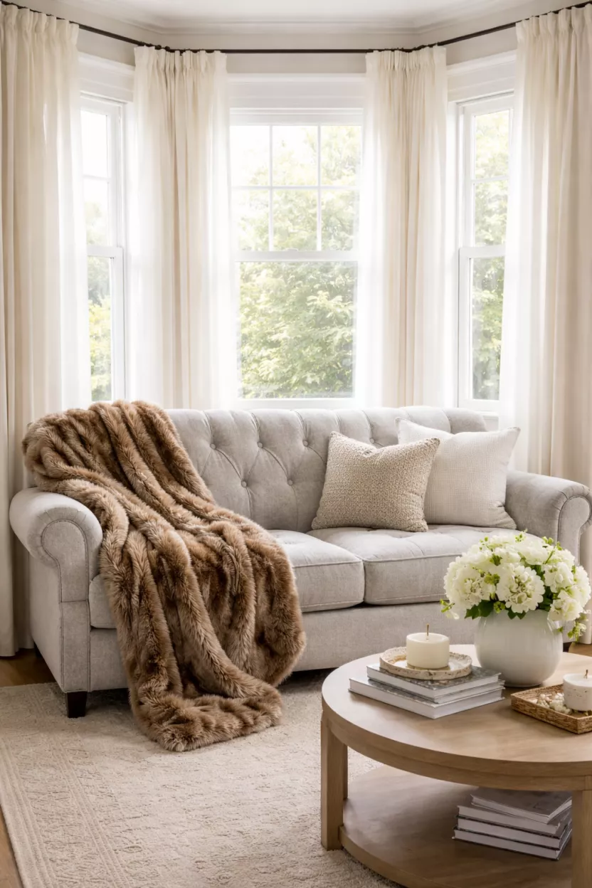 A realistic photo of a soft roll arm sofa with light grey chenille fabric and light button tufting, a brown faux fur throw, a cozy bay window setting with white layered curtains.