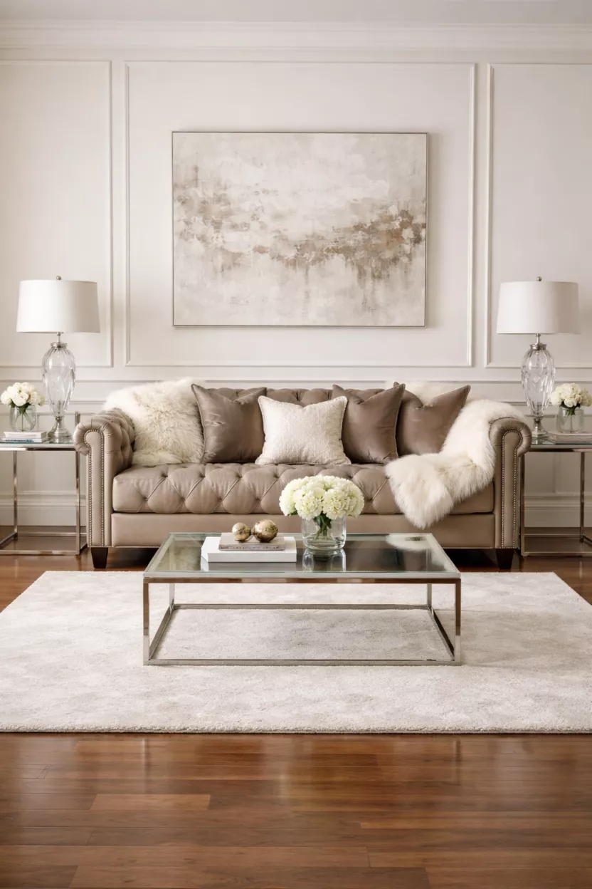 A realistic photo of a taupe full grain leather sofa with a diamond tufted pattern, ivory sheepskin throws, crystal lamps on symmetric side tables, a minimalist formal living room, and polished hardwood floors.
