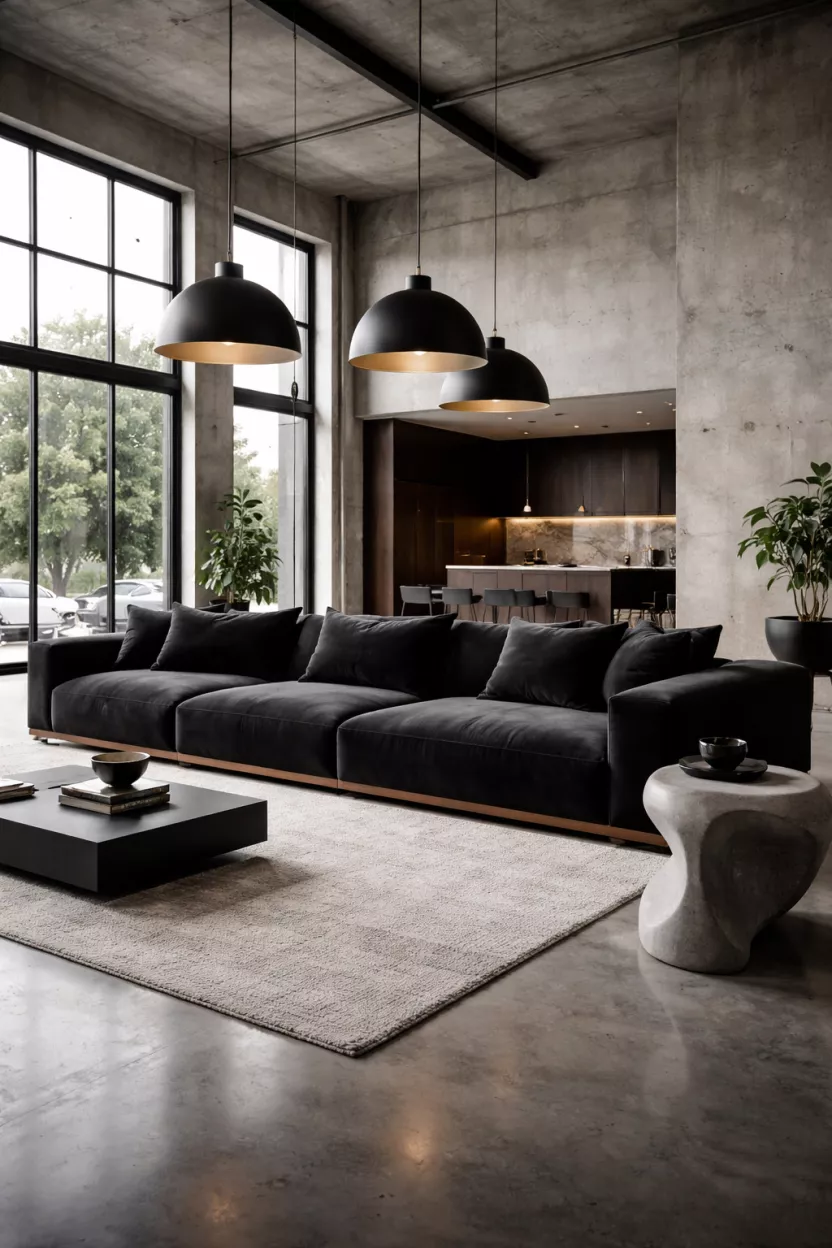 A realistic photo of a ground hugging low profile sofa in matte black velvet, lacquered wood accents, a modern open loft with industrial black pendant lights, and a sculptural concrete side table.