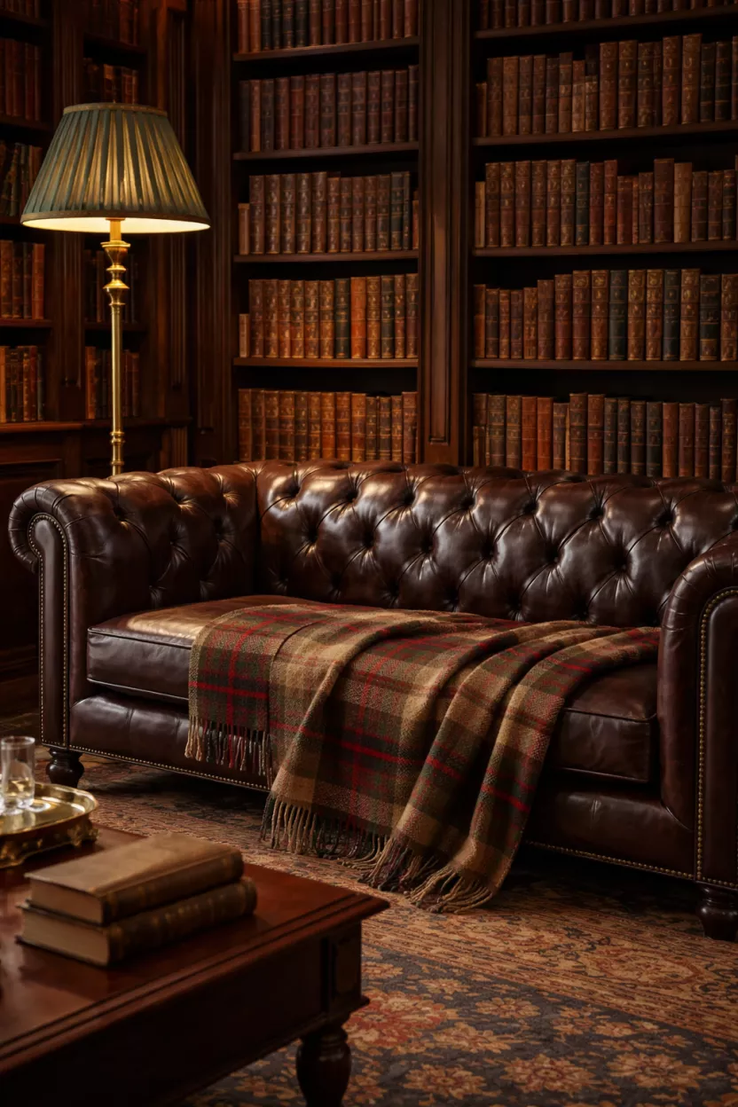 A realistic photo of a dark brown leather English arm club sofa with a plaid tartan wool throw, a traditional library with floor to ceiling leather bound books, and a brass floor lamp.