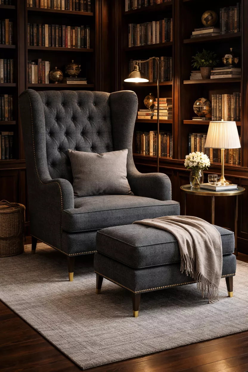 A realistic photo of a tall wingback sofa in charcoal herringbone wool, brass accents, a cozy reading nook with a matching ottoman, dark wood bookshelves, and a small round brass side table.