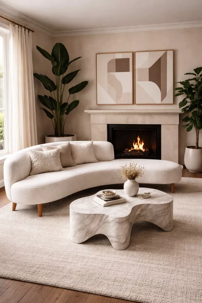 A realistic photo of a curved banana sofa in white bouclé fabric, tapered wooden legs, a sculptural marble coffee table, abstract wall art, a warm fireplace setting, and large indoor potted plants.