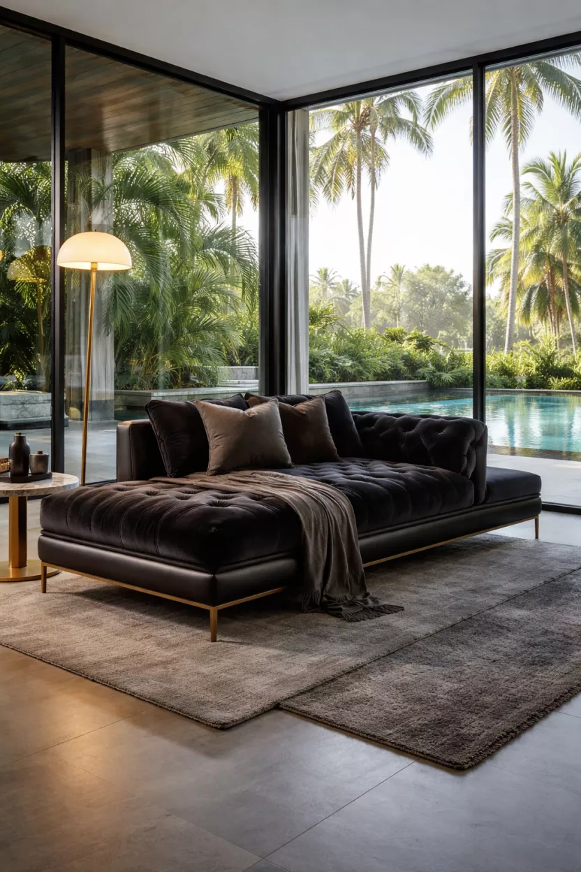 A realistic photo of an oversized black silk velvet chaise lounge sofa, top stitched leather details, a tall brass floor lamp, layered grey rugs, a luxury resort style living room with glass walls.