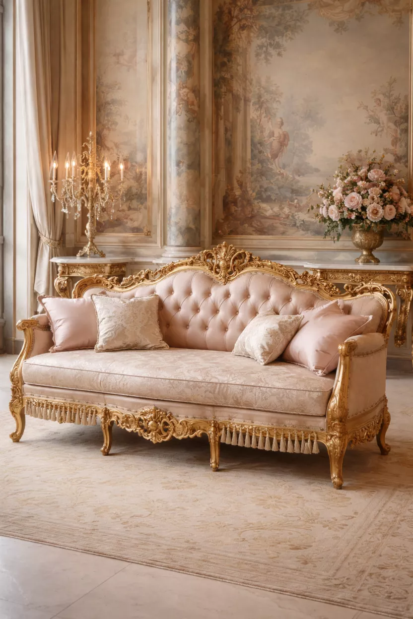 A realistic photo of an ornate gold carved wood canapé sofa with light pink silk upholstery and tassel trims, a room with fresco walls and a period marble console table.